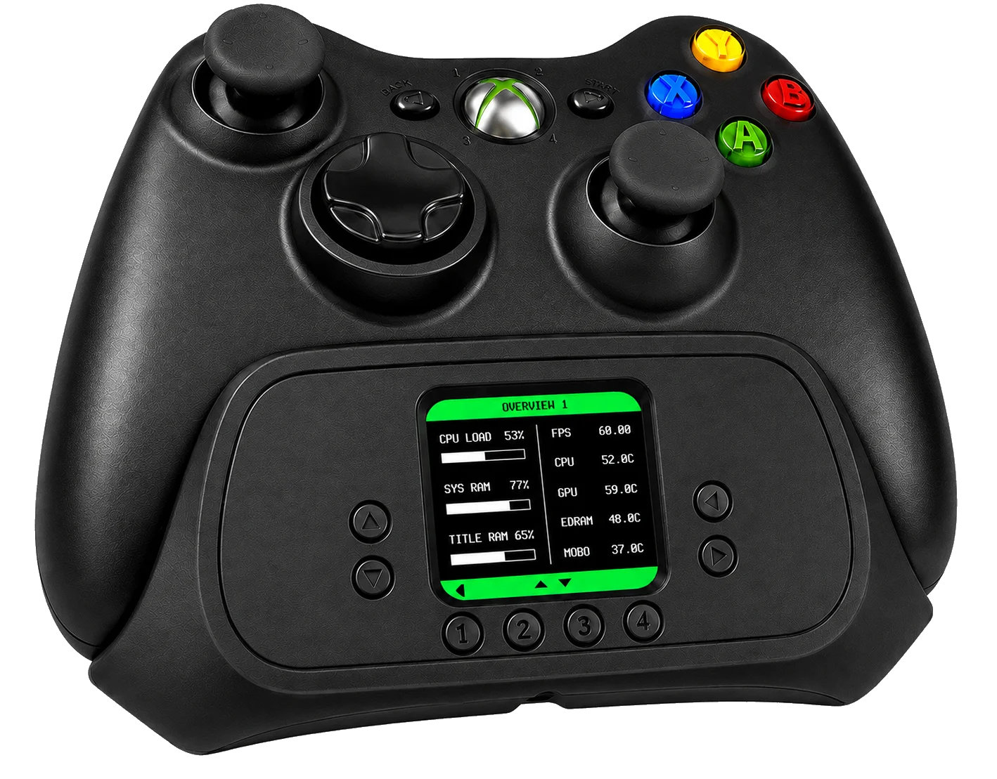 KryptonPad mounted on an Xbox 360 controller, displaying live console stats above its dedicated control buttons